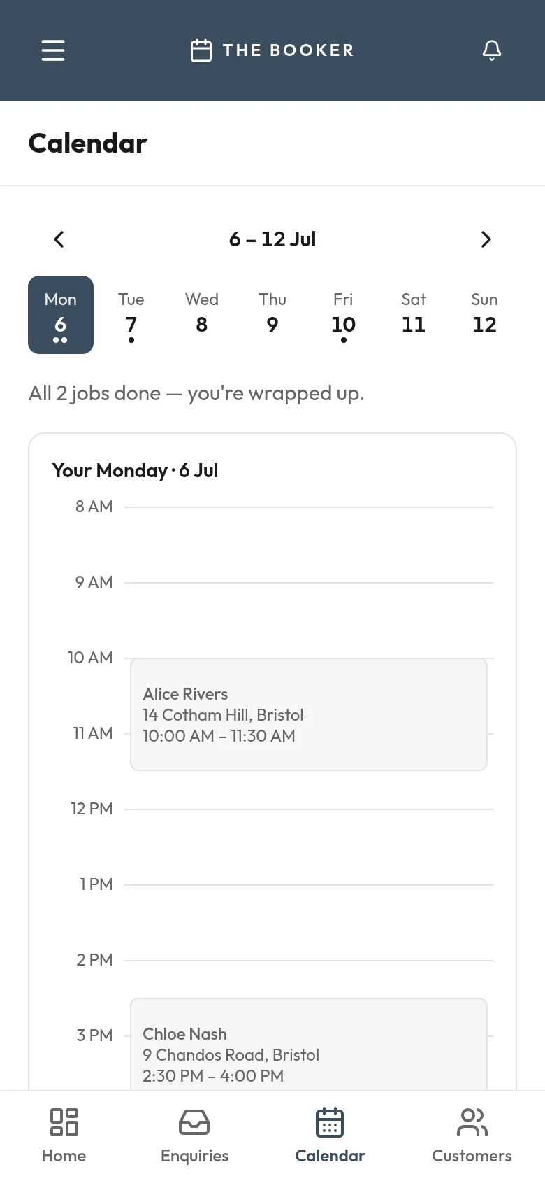 TheBooker calendar on a phone: a day of booked jobs with times and addresses.