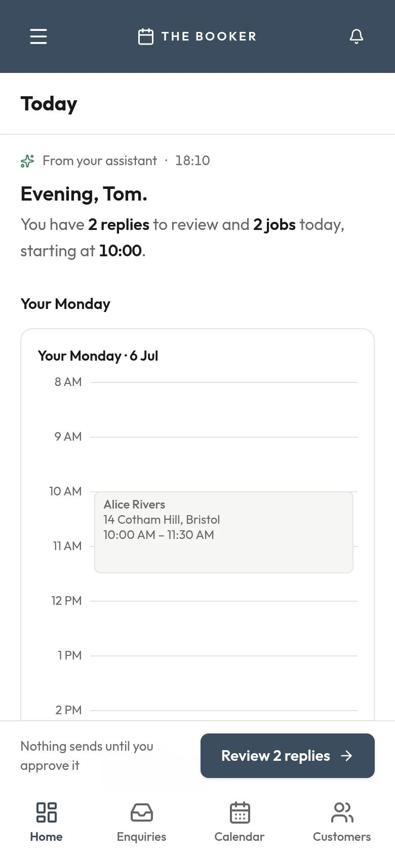 TheBooker dashboard on a phone: today's briefing with two replies to review and two booked jobs on the day's timeline.