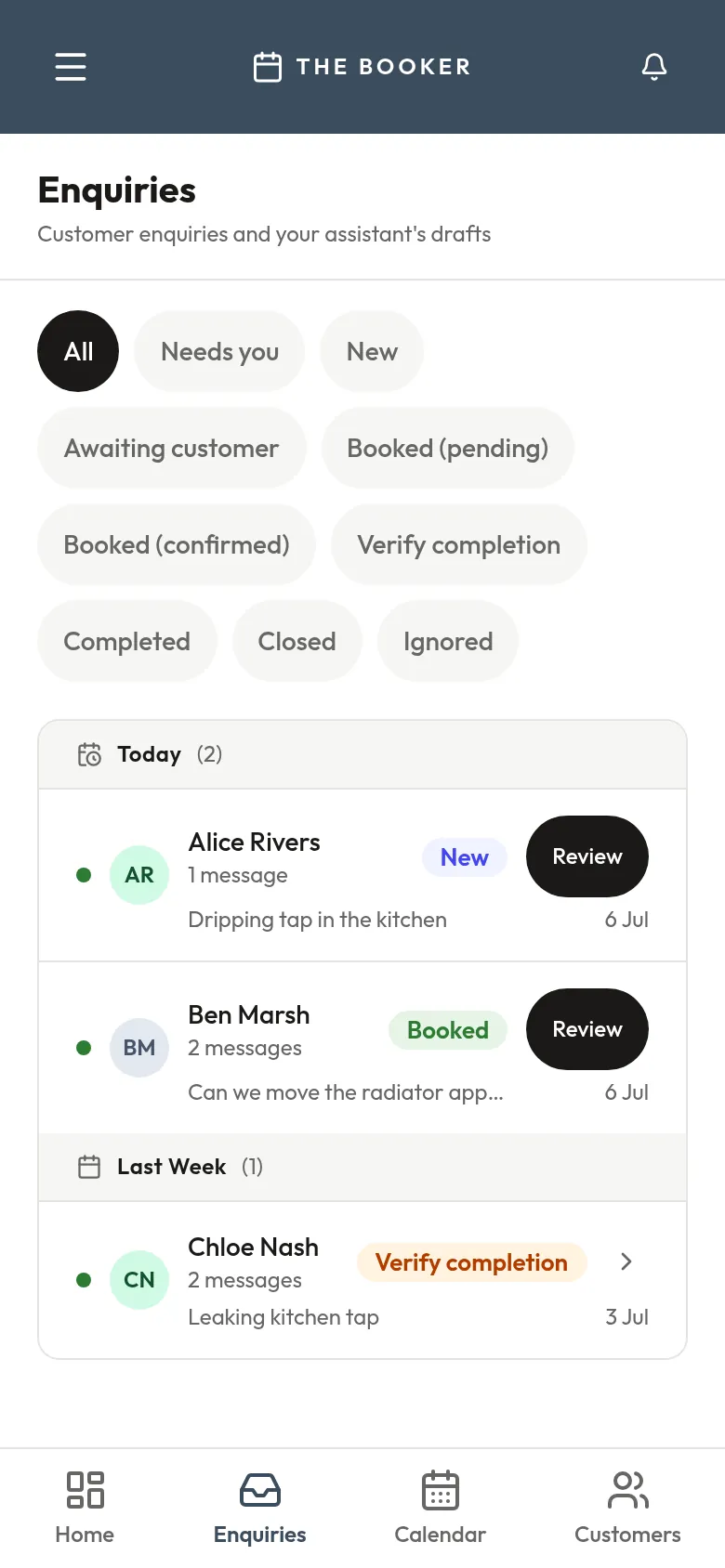 TheBooker enquiries inbox on a phone: customer enquiries listed with drafted replies ready to review.
