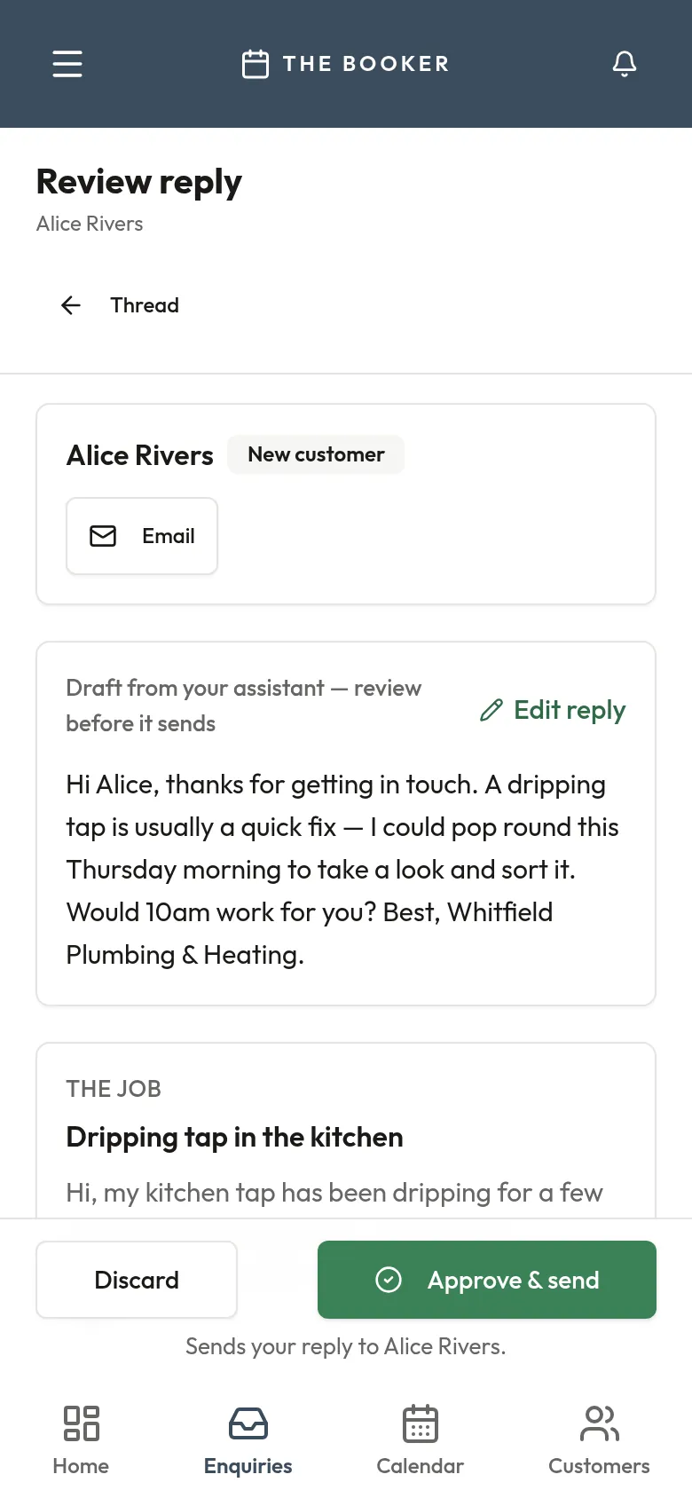 TheBooker on a phone: a reply drafted by your assistant, with Approve & send and Discard buttons — nothing sends until you tap Approve.